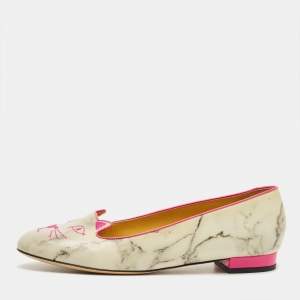 Pre Owned Charlotte Olympia Grey/Pink Leather Cheeky Kitty Smoking Slippers Size 40