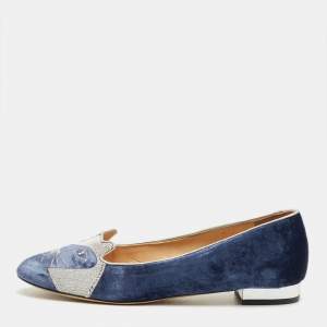 Pre Owned Charlotte Olympia Navy Blue/Grey Velvet Kitty Smoking Slippers Size 40