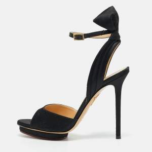 Pre Owned Charlotte Olympia Black Satin Wallace Ankle Strap Sandals Size 36.5
