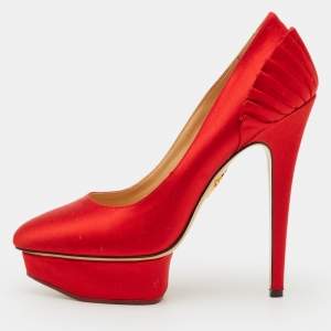 مملوكة مسبقًا Charlotte Olympia Paloma Size 39 Red Satin Paloma Fan Pleat Platform Pumps