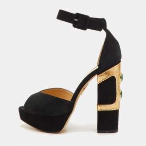 مملوكة مسبقًا Charlotte Olympia Size 38 Black Suede Embellished Ankle Strap Platform Sandals
