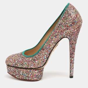 Pre Owned Charlotte Olympia Priscilla Size 39.5 Multicolor Glitter Platform Pumps