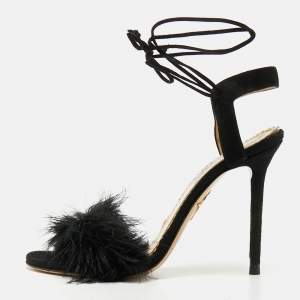 Pre Owned Charlotte Olympia Salsa Size 37.5 Black Feather and Suede Ankle Strap Sandals
