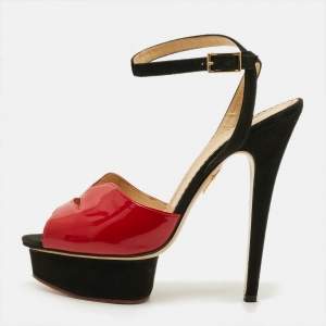 Pre Owned Charlotte Olympia Size 39 Red Patent Leather Suede Platform Sandals