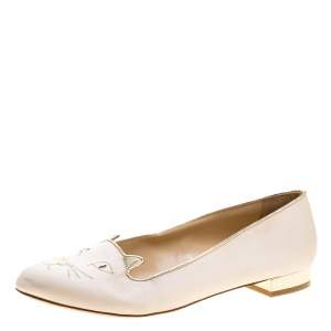 Pre Owned Charlotte Olympia Pale Pink Kitty Embroidered Satin Flats Size 40