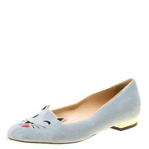 Pre Owned Charlotte Olympia Grey Velvet Emoticats Cheeky Kitty Flats Size 38