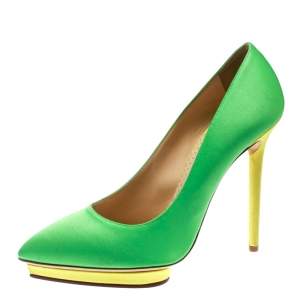 Pre Owned Charlotte Olympia Green Satin Debonaire Pointed Toe Platform Pumps Size 40