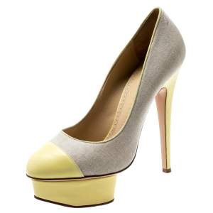 Pre Owned Charlotte Olympia Yellow Leather And Beige Canvas Dolly Platform Pumps Size 37.5