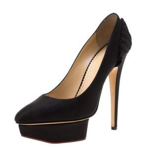Pre Owned Charlotte Olympia Black Satin Paloma Fan Pleat Platform Pumps Size 39