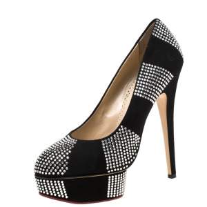 Pre Owned Charlotte Olympia Black Suede Paparazzi Crystal Embellished Platform Pumps Size 38