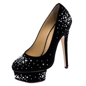 Pre Owned Charlotte Olympia Black Crystal Embellished Suede Dolly Platform Pumps Size 35
