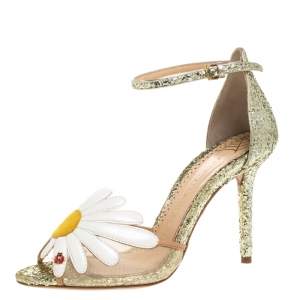 Charlotte Olympia Gold/White Glitter and Leather Margherita Ankle Strap Sandals Size 36