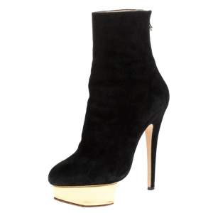 Pre Owned Charlotte Olympia Black Suede Lucinda Platform Ankle Boots Size 37