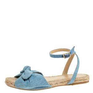 Charlotte Olympia Blue Denim Fabric Marina Knot Ankle Strap Flat Sandals Size 35
