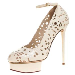 Pre Owned Charlotte Olympia Cream Cut Out Leather Scribble Dolores Ankle Strap Platform Pumps Size 41