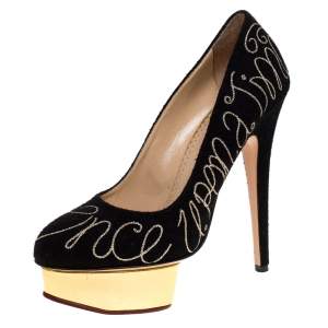 Pre Owned Charlotte Olympia Black 'Happily Ever After" Embroidered Felt Dolly Platform Pumps Size 38.5