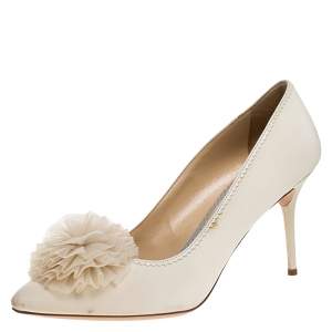 Pre Owned Charlotte Olympia Cream Canvas Desiree Pom Pom Pumps Size 41