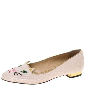  Charlotte Olympia Beige Embroidered Canvas Emoticat Cheeky Kitty Ballet Flats Size 40