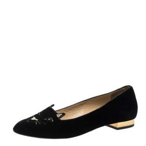 Pre Owned Charlotte Olympia Black Satin Kitty Ballet Flats Size 39