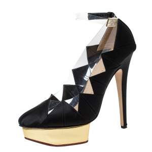 Pre Owned Charlotte Olympia Black Satin And PVC Origami Ankle Strap Platform Pumps Size 38.5