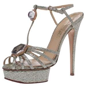Charlotte Olympia Silver Glitter Fabric Leading Lady Platform Ankle Strap Sandals 41