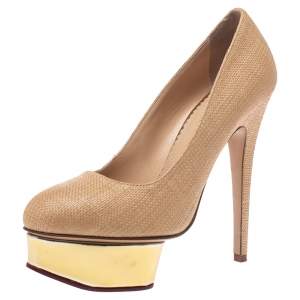 Pre Owned Charlotte Olympia Beige Raffia Dolly Platform Pumps Size 37
