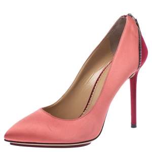 Pre Owned Charlotte Olympia Coral Pink/Red Satin Monroe Pointed Toe Pumps Size 39