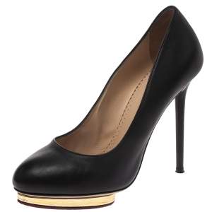 Pre Owned Charlotte Olympia Black Leather Dolly Platform Pumps Size 38.5