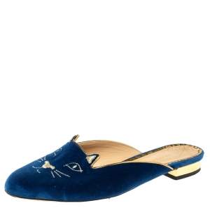 Pre Owned Charlotte Olympia Blue Velvet Kitty Slip On Flats Size 39
