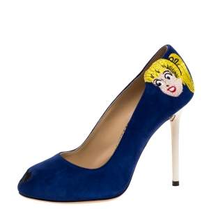 Pre Owned Charlotte Olympia Blue Suede Archie Comic Peep Toe Pumps Size 37