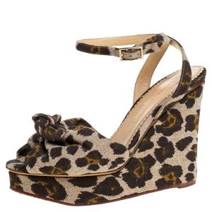 Charlotte Olympia Brown/Beige Printed Canvas Fabric Bow Platform Ankle Strap Sandals Size 38