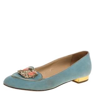 Pre Owned Charlotte Olympia Blue Suede Birthday Zodiac Gemini Ballet Flats Size 40