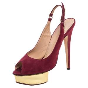 Charlotte Olympia Maroon Suede Slingback Peep Toe Platform Pumps Size 38