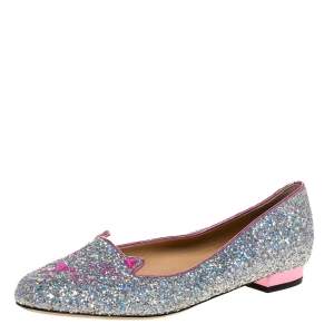 Pre Owned  Charlotte Olympia Silver Glitter Cat Ballet Flats Size 41