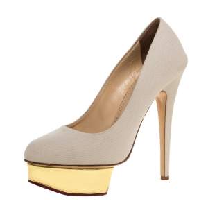 Pre Owned Charlotte Olympia Beige Canvas Dolly Platform Pumps Size 39