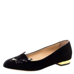 Pre Owned Charlotte Olympia Black Velvet Kitty Ballet Flats Size 38