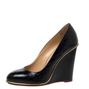 Pre Owned Charlotte Olympia Black Croc Embossed Leather Carmen Wedge Pumps Size 40
