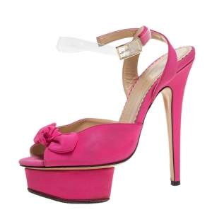 Pre Owned Charlotte Olympia Pink Satin Serena Bow Ankle Strap Platform Sandals Size 36.5