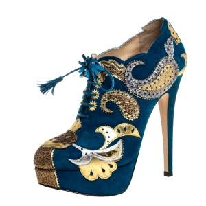 Pre Owned Charlotte Olympia Blue Suede Leather Flower Detail Platform Booties Size 37.5 