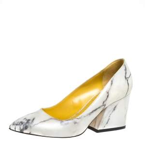 Pre Owned Charlotte Olympia Cream Marble Print Leather Mabel Pumps Size 37.5