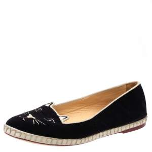 Pre Owned Charlotte Olympia Black Velvet Kitty Slip On Loafers Size 40