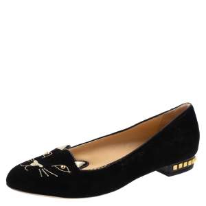 Pre Owned Charlotte Olympia Black Velvet Kitty Studded Ballet Flats Size 39.5
