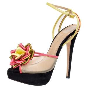 Charlotte Olympia Multicolor Satin And Mesh Flower Open Toe Platform Ankle Strap Sandals Size 40.5