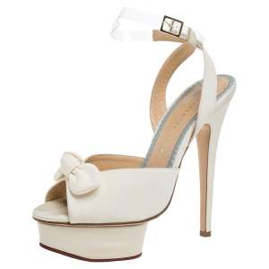 Charlotte Olympia Cream Satin Serena Bow Ankle Strap Platform Sandals Size 37
