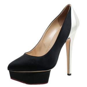 Pre Owned Charlotte Olympia Black/White Satin Platform Pumps Size 35