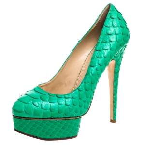 Charlotte Olympia Green Python Leather Priscilla Pumps Size 38