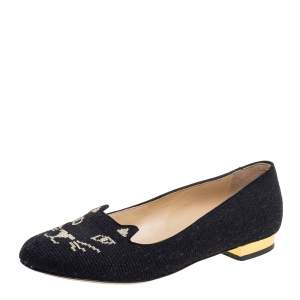 Pre Owned Charlotte Olympia Black Canvas Kitty Ballet Flats Size 36.5