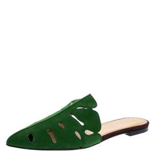 Pre Owned Charlotte Olympia Green Suede Leather Verdant Pointed Toe Flat Mules Size 40