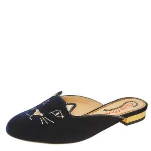 Pre Owned Charlotte Olympia Blue Velvet Kitty Slip On Flat Mules Size 38