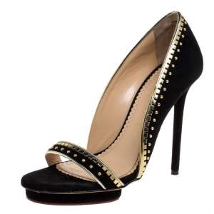 Pre Owned Charlotte Olympia Black Suede Christine Stud Embellished Open Toe Pumps Size 38.5